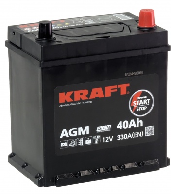 Аккумулятор KRAFT AGM Asia (40 А/ч) 330A R+ с бортом