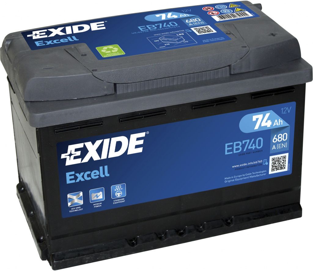 Exide Excell EB740 (74 A/h), 680A R+