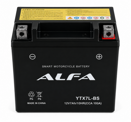 ALFA YTX7L-BS AGM (7 А/ч, 100А) R+, 113×70×130 мм, Мотоаккумулятор для Honda Dio / Yamaha Jog