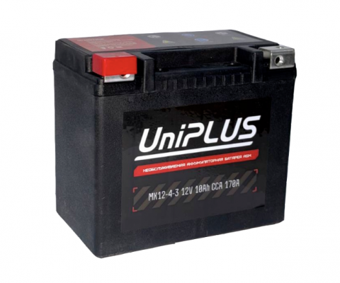 UniPLUS MX12-4-3 YTX12-BS (10 А/ч, 170А) L+, AGM мотоаккумулятор с электролитом в комплекте