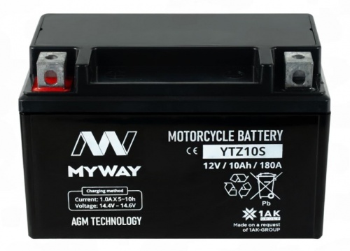MYWAY YTZ10S AGM (10 А/ч, 180А) L+, Мотоаккумулятор с тонкими клеммами Y5 для Honda CB/Yamaha