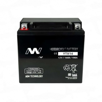 MYWAY YTX14-BS AGM (14 А/ч, 190А) L+, клеммы под болт М6, для Honda VFR800 / Yamaha FZ1
