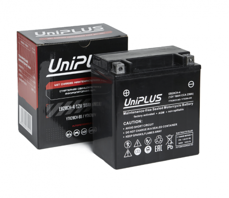 UniPLUS EB20CH-4 (18 А/ч, 230A) L+, AGM мотоаккумулятор с болтовым креплением клемм