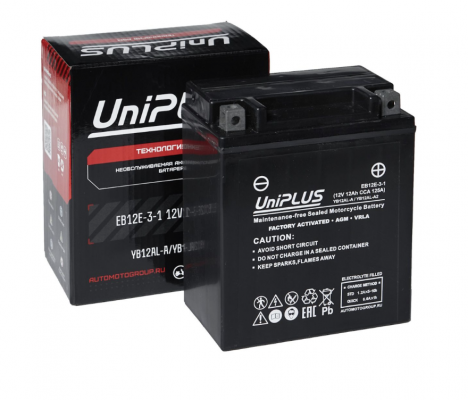 UniPLUS AGM EB12E-3-1 (12 А/ч, 125А) R+, под болт М6 для мотоциклов и квадроциклов