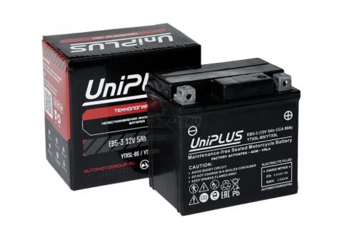 UniPLUS AGM EB5-3 YTX5L-BS (4 А/ч, 70А) Обратная (R+), мотоаккумулятор под болт для скутеров и мопедов