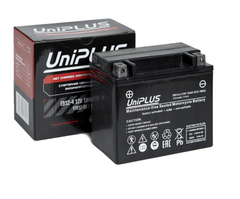 UniPLUS AGM EB12-4 YTX12-BS (10 А/ч, 180А) L+, клеммы под болт М6, мотоциклы и квадроциклы