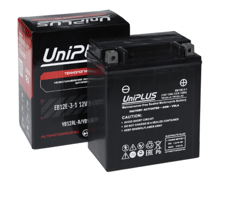 UniPLUS AGM EB12E-3 (12 А/ч, 125А) Обратная (R+), боковые клеммы под болт для мототехники