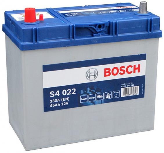 Bosch S4 022 Asia (45 А/ч, 330А) L+, тонкие клеммы JIS B24L для Honda Jazz, Toyota Yaris Bosch S4 022 Asia (45 А/ч, 330А) L+, тонкие клеммы JIS B24L для Honda Jazz, Toyota Yaris