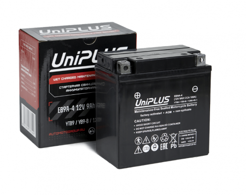 UniPLUS EB9A-4 (9 А/ч) Прямая полярность, усиленный пуск 80А EN для мототехники и квадроциклов
