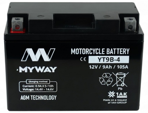 MYWAY YT9B-4 AGM (8 А/ч, 115А) Прямая полярность, Мотоаккумулятор для Yamaha YZF-R6 / Honda CBR600RR