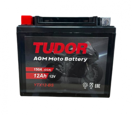 Tudor YTX12-BS (12 А/ч, 150А) L+, AGM мотоаккумулятор с электролитом в комплекте для Honda/Yamaha/Kawasaki - фото 1