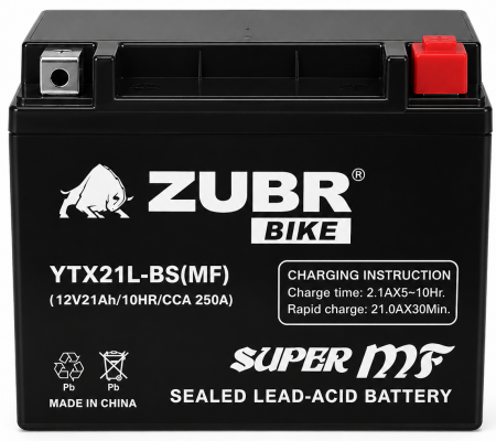 Zubr YTX21L-BS AGM (21 А/ч, 350А) Обратная полярность, усиленный пусковой ток для снегоходов и ATV