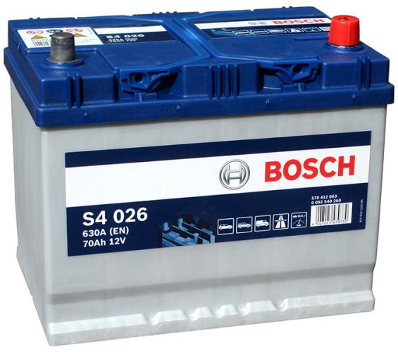 Bosch S4 026 Asia (70 А/ч, 630А) R+, JIS тонкие клеммы, Hyundai Santa Fe / Kia Sorento
