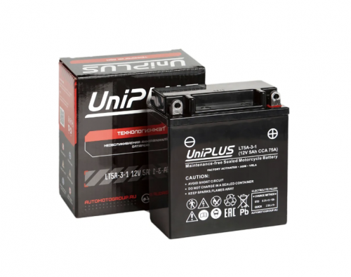 UniPLUS AGM LT5A-3-1 (YB5L-B) (5 А/ч, 75А) R+, болтовые клеммы М5 для мототехники