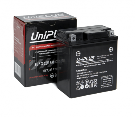 UniPLUS AGM EB7-3 YTX7L-BS (7 А/ч, 100А EN) Обратная (R+), герметичный мотоаккумулятор для скутеров и мопедов