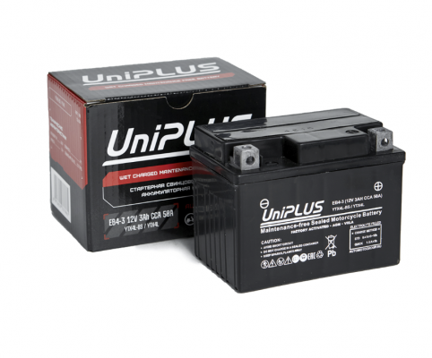 UniPLUS AGM EB4-3 YTX4L-BS (4 А/ч, 60А) Обратная полярность, Тонкие клеммы под болт М5 для скутеров и мопедов