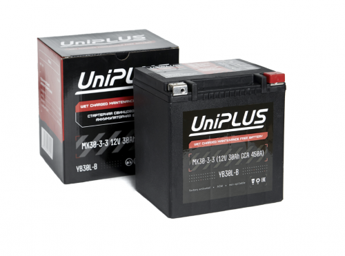 UniPLUS AGM MX30-3-3 (YIX30L-BS) (30 А/ч, 450А) Обратная (R+), усиленный пусковой ток для квадроциклов и снегоходов