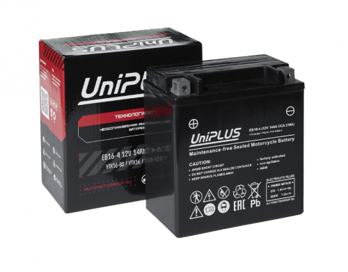 UniPLUS EB16-4 YTX16-BS (16 А/ч, 230А) L+, AGM мотоаккумулятор для Honda VFR800 / Yamaha FZS1000 UniPLUS EB16-4 YTX16-BS (16 А/ч, 230А) L+, AGM мотоаккумулятор для Honda VFR800 / Yamaha FZS1000