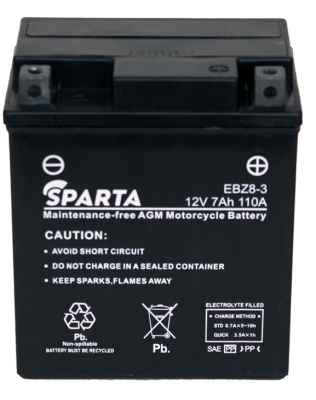 Sparta AGM YTX7L-BS (7 А/ч, 110А) Обратная полярность, Мотоаккумулятор для скутеров и ATV