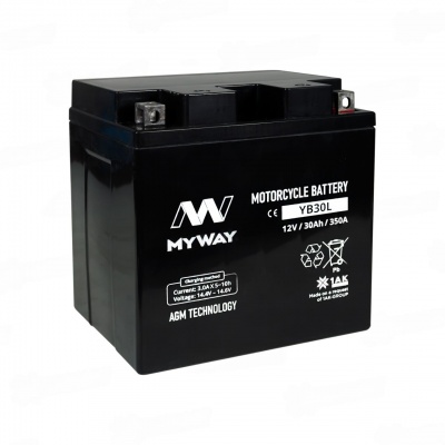 MYWAY YB30L-BS (30 А/ч, 350А) L+, AGM мотоаккумулятор для Harley-Davidson и тяжелых мотоциклов