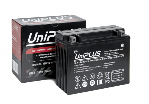 UniPLUS AGM EB24-3 YTX24HL-BS (24 А/ч, 330А EN) Обратная (R+), усиленный пусковой ток для мототехники