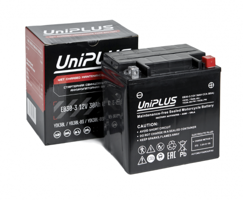 UniPLUS AGM EB30-3 (YIX30L-BS) (30 А/ч, 400А) Прямая полярность, усиленный пуск для снегоходов и квадроциклов