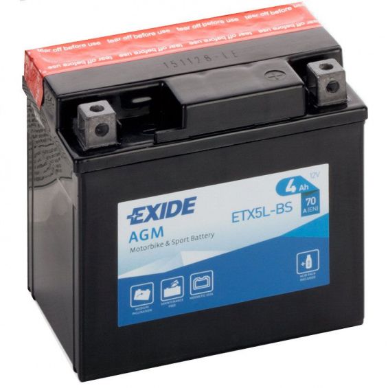 Exide ETX5L-BS (4 А/ч, 70А) L+, AGM мотоаккумулятор для скутеров и мопедов
