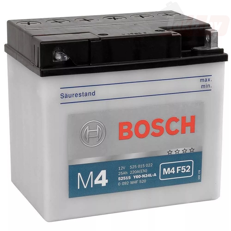 Bosch M4 F52 525 015 022 (25 А/ч, 300А) R+, Ca/Ca, тонкие клеммы F1 для мототехники и садовых тракторов