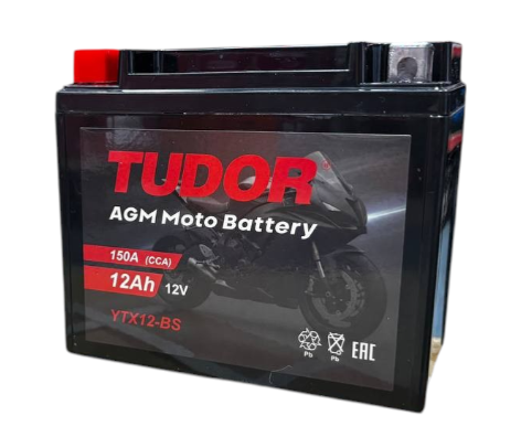 Tudor YTX12-BS (12 А/ч, 150А) L+, AGM мотоаккумулятор с электролитом в комплекте для Honda/Yamaha/Kawasaki - фото 2