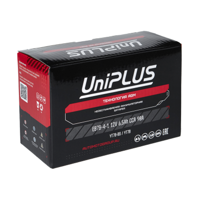UniPLUS AGM EB7B-4-1 (YT7B-BS) (6.5 А/ч, 90А) L+, Мотоаккумулятор AGM для скутеров и мотоциклов