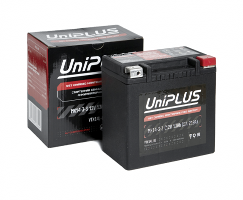 UniPLUS AGM MX14-3 (13 А/ч, 210А) Обратная полярность, клеммы под болт М6 для мототехники