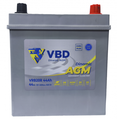 VBD AGM Asia (44 А/ч, 450А) Обратная (R+), корпус B19 под тонкие клеммы для Hyundai/Kia