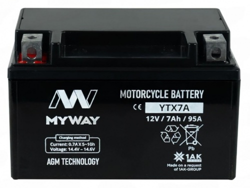 MYWAY YTX7A-BS AGM (7 А/ч, 95А) L+, боковые клеммы под болт М5 для Honda Dio / Suzuki Address