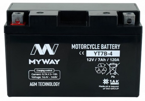 MYWAY YT7B-4 AGM (7 А/ч, 120А) L+, тонкие клеммы F1 для скутеров Honda Dio / Yamaha Jog