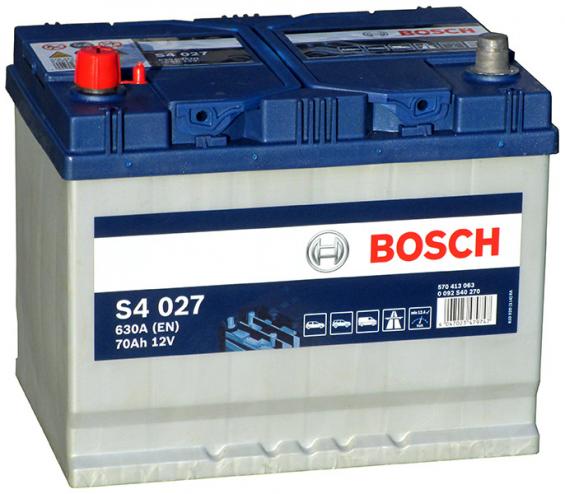 Bosch S4 027 Asia (70 А/ч, 630А) L+, корпус D26L (225 мм) для Toyota Camry / RAV4 / Hyundai Santa Fe