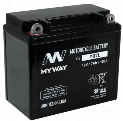 MYWAY YB7L-BS (7 А/ч, 105А) L+, AGM мотоаккумулятор с тонкими клеммами под болт для Honda Dio / Yamaha Jog