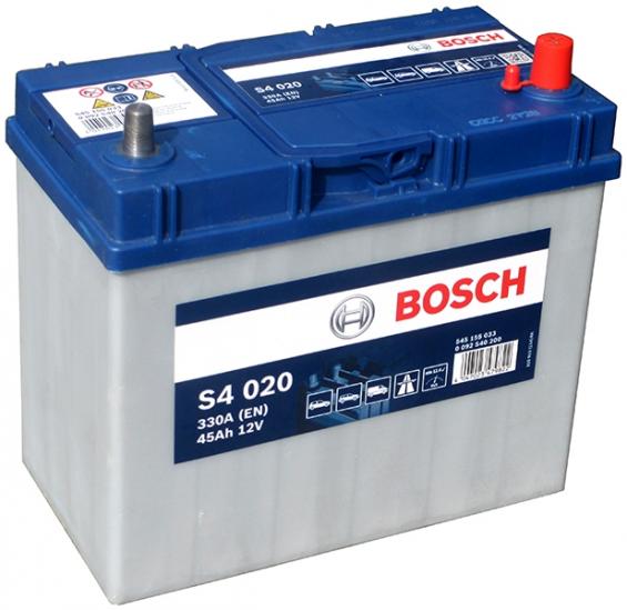 Аккумулятор Bosch S4 020 Asia (45 А/ч, 330А) Обратная (R+), тонкие клеммы JIS B24 для Honda/Nissan