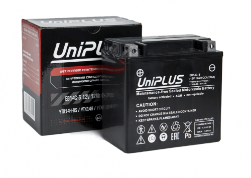 UniPLUS AGM YTX14L-BS (12 А/ч, 200А) Обратная (R+), усиленный пусковой ток для мототехники