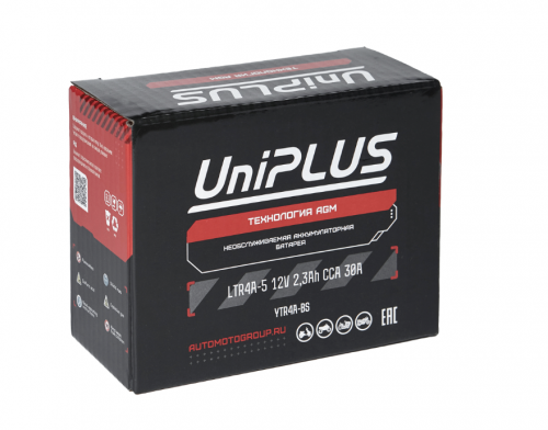 UniPLUS AGM LTR4A-5 (YT4B-BS) (3 А/ч, 30А) R+, компактный корпус 113×38×87 мм для скутеров и мопедов