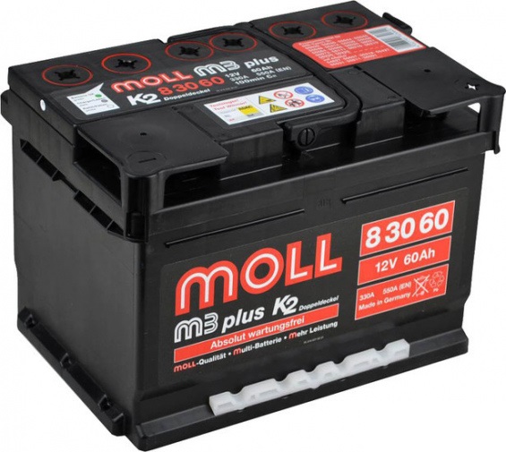 Moll M3+ (60 А/ч, 550А) Обратная полярность, низкий корпус LB2 (175 мм) для Mazda 3 / Toyota Corolla Moll M3+ (60 А/ч, 550А) Обратная полярность, низкий корпус LB2 (175 мм) для Mazda 3 / Toyota Corolla