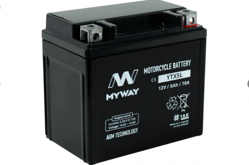 MYWAY YTX5L-BS AGM (5 А/ч, 70А) Обратная (R+), под болт М5 для Honda Dio / Yamaha Jog