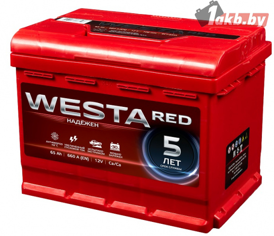 Westa RED 6СТ-65 (65 А/ч, 660А) Обратная R+, пусковой ток 660А EN, высота 190 мм