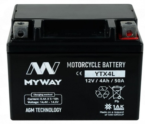 MYWAY YTX4L-BS (4 А/ч, 50А) L+, AGM мотоаккумулятор для скутеров 50-125 куб.см