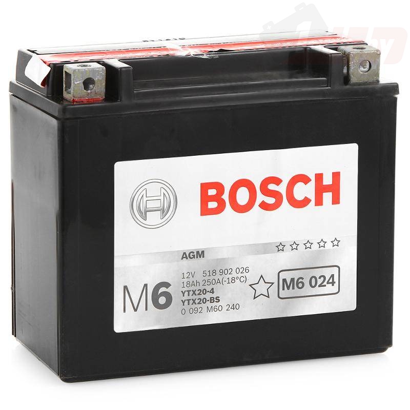 Bosch M6 024 (18 А/ч, 250А) L+, AGM мотоаккумулятор YTX20-BS для Harley-Davidson и BMW