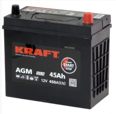 Kraft AGM Asia (45 А/ч, 450А) R+, тонкие клеммы JIS, для Nissan Note / Honda Fit