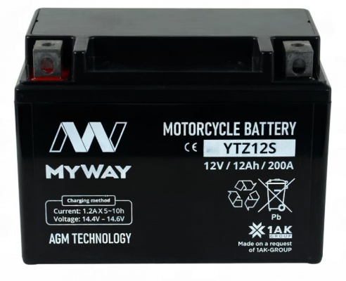 MYWAY YTZ12S (12 А/ч, 200А) L+, AGM мотоаккумулятор с тонкими клеммами под болт М5 для скутеров и мотоциклов