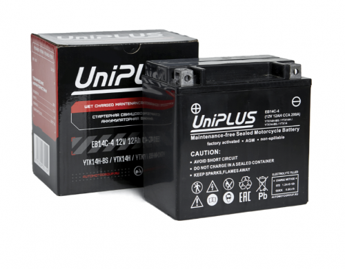 UniPLUS AGM EB14C-4 (YTX14-BS) (12 А/ч, 200А) Прямая (L+), усиленный пусковой ток для мототехники