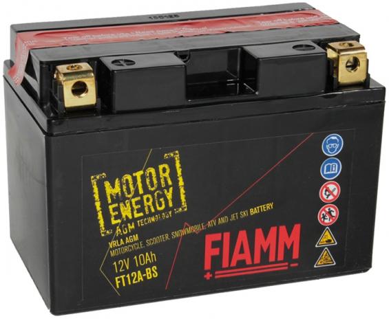 FIAMM FT12A-BS (10 А/ч, 175А) L+, AGM мотоаккумулятор с электролитом в комплекте