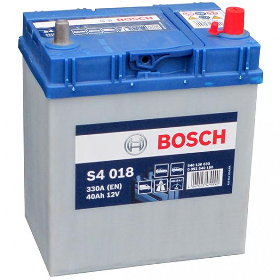 Bosch S4 018 (40 А/ч, 330А) Обратная R+, тонкие клеммы JIS T3 для Hyundai/Kia/Suzuki