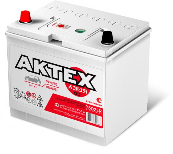 Актех Asia U-570-D23L (65 А/ч, 550А) L+, тонкие клеммы JIS B1 для Mazda 3, Toyota Corolla